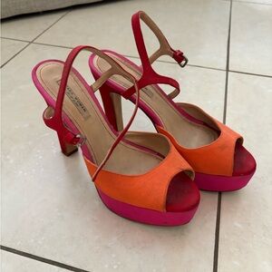 Zara Orange and Pink Colorblock Platform Peep-Toe Heels
